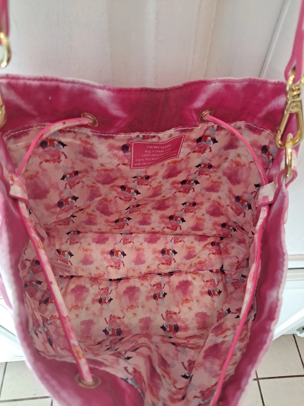 Estee Lauder Pink White Tie-Dye Cotton Poly Bucket Drawstring Hobo Tote Bag